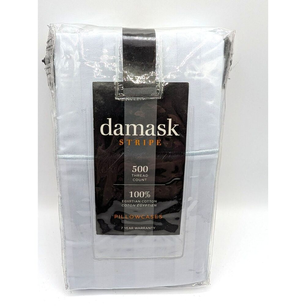 Damask Stripe Two Light Blue King Pillowcases 500 Thread Count 100% Egyptian